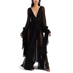 Saint Laurent Women's Silk Exaggerated-sleeve Wrap Gown - Black