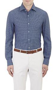 Isaia Houndstooth Twill Shirt-blue
