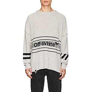 Off-white C/o Virgil Abloh Men's Logo-knit Distressed Cotton-blend Sweater - Light Gray
