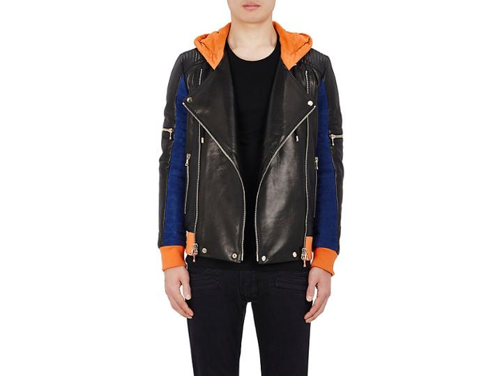 Balmain Men's Colorblocked Leather & Suede Hooded Moto Jacket