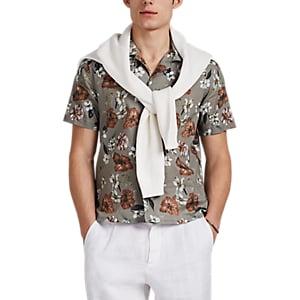 Eleventy Men's Floral Cotton Bowling Shirt - Olive Pat.