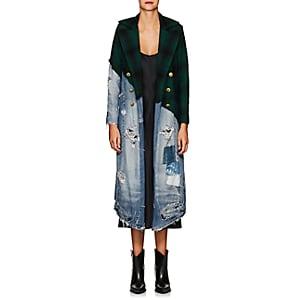 Greg Lauren Women's Denim & Plaid Wool Long Coat - Green