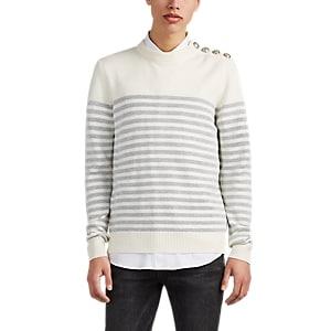 Balmain Men's Metallic-striped Wool-blend Crewneck Sweater - White