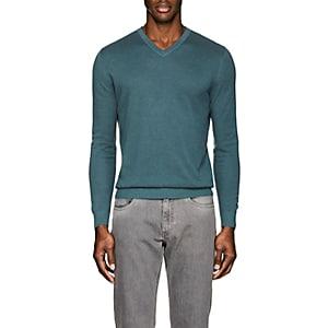 Loro Piana Men's Textured Cotton-blend V-neck Sweater-green