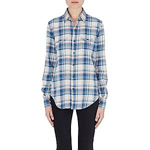 Saint Laurent Women's Checked Cotton-blend Flannel Western Shirt-blue