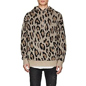 R13 Men's Leopard-pattern Cashmere Hoodie-brown