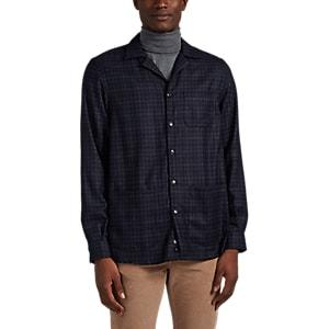 Luciano Barbera Men's Oversized Plaid Wool Flannel Overshirt - Navy