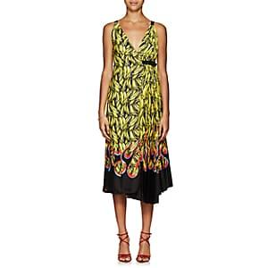 Prada Women's Pleated Banana- & Flame-print Wrap Dress-yellow