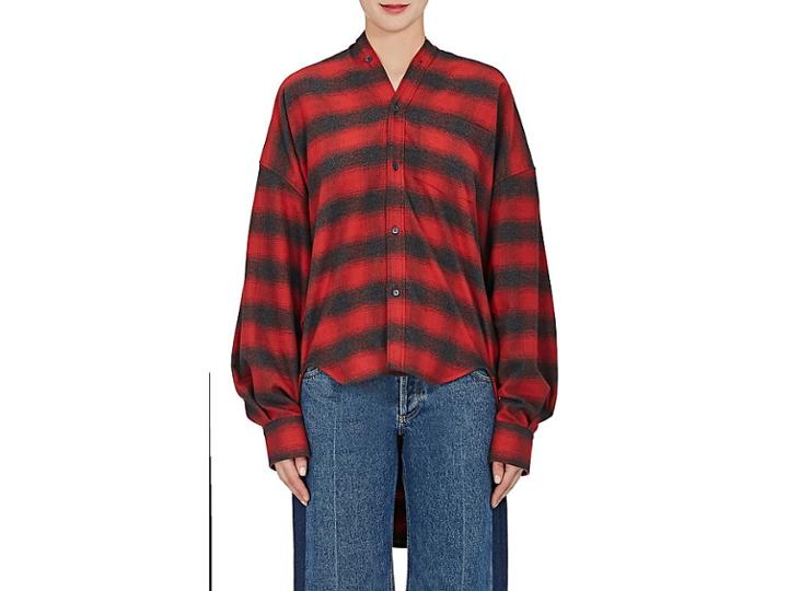 Balenciaga Women's Plaid Flannel Oversized Tieneck Shirt