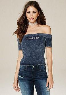 Bebe Denim Knit Off Shoulder Top