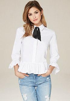 Bebe Poplin Tie Neck Blouse