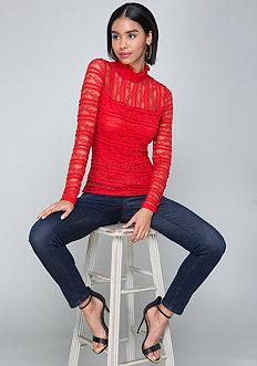 Bebe Striped Lace Mock Neck Top