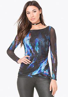 Bebe Print Mesh Ruched Top