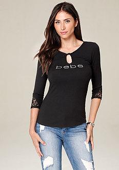 Bebe Logo Lace Inset Keyhole Top
