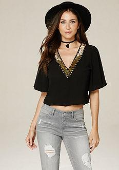 Bebe Farah Beaded V-neck Top