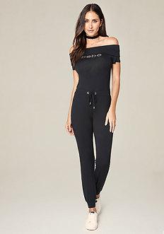 Bebe Logo Off Shoulder Jumpsuit