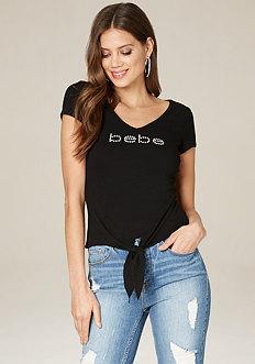 Bebe Logo Tie Front V-neck Tee