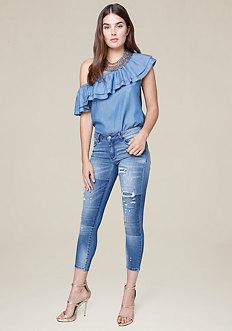 Bebe Chambray One Shoulder Top