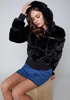 Bebe Logo Pieced Faux Fur Jacket