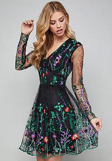 Bebe Embroidered Flared Dress