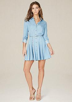 Bebe Lucy Chambray Godet Dress