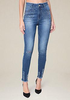 Bebe Embellished Raw Edge Jeans
