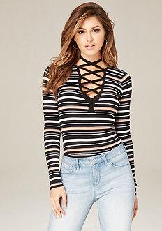 Bebe Striped Lace Up V-neck Top