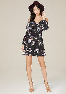 Bebe Print Ruffle Shoulder Dress