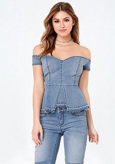 Bebe Denim Raw Hem Peplum Top