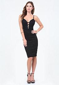 Bebe Lace Cage Plunge Midi Dress
