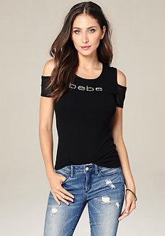 Bebe Logo Mesh Cold Shoulder Top