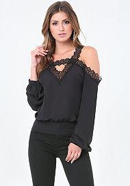 Bebe Lace Trim Cold Shoulder Top
