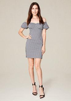 Bebe Gingham Off Shoulder Dress