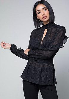 Bebe Metallic Ruffle Neck Top