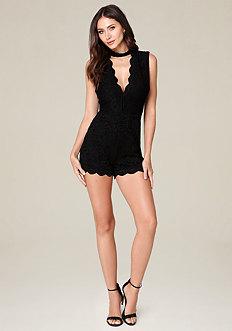 Bebe Lace Mock Neck Romper