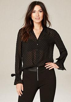 Bebe Dotted Tie Cuff Top