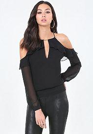 Bebe Ruffled Open Shoulder Top