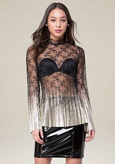 Bebe Metallic Dipped Lace Top