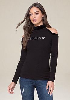 Bebe Logo Luxe Cold Shoulder Top
