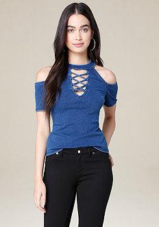 Bebe Amalia Knit Denim Top