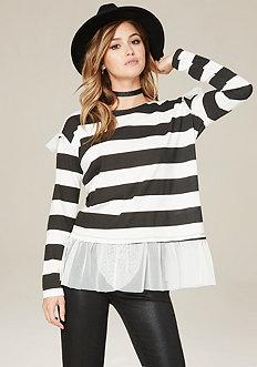 Bebe Tulle Trim Striped Tee