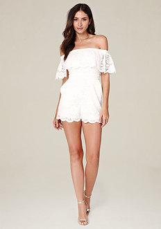 Bebe Lace Off Shoulder Romper