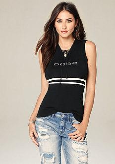 Bebe Logo Lace Up Sweater Top