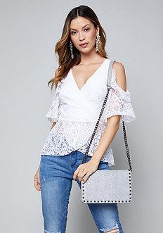 Bebe Lace Cold Shoulder Wrap Top
