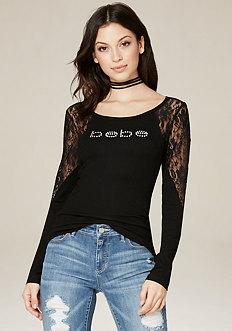 Bebe Logo Lace Detail Scoop Tee
