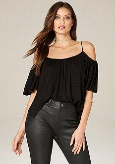 Bebe Cold Shoulder Gathered Top