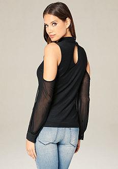 Bebe Mesh Mock Neck Keyhole Top