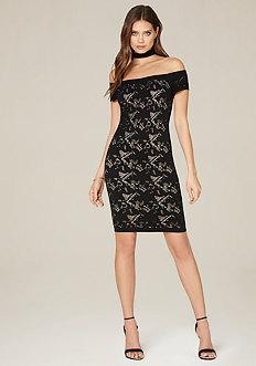 Bebe Off Shoulder Choker Dress