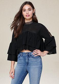 Bebe Double Ruffle Mock Neck Top