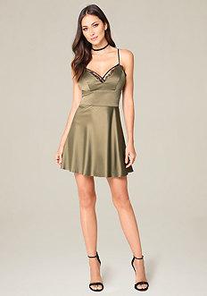 Bebe Lace Trim Fit & Flare Dress
